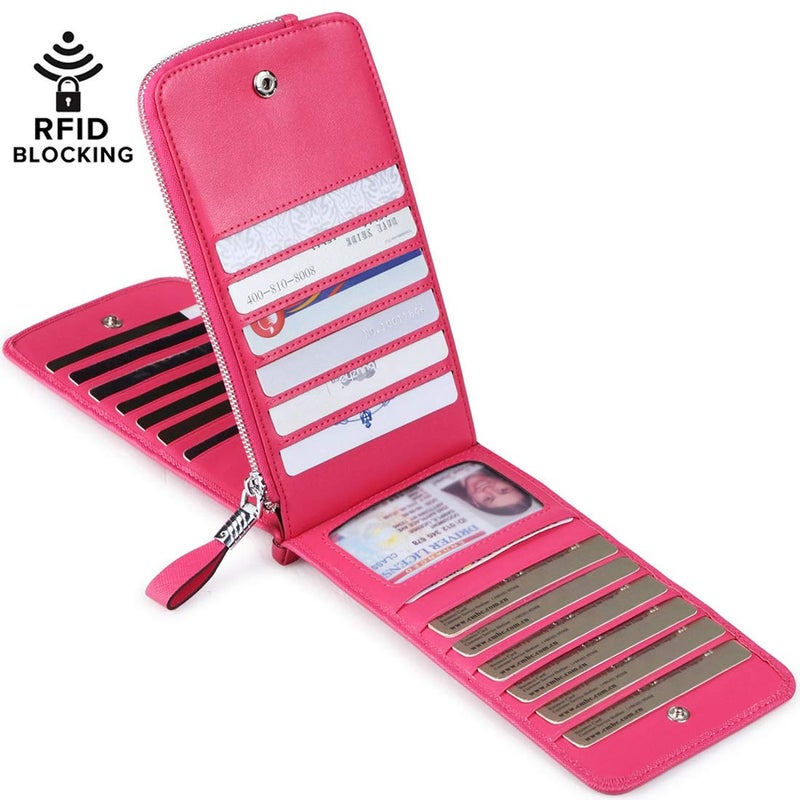 Huztencor Women's Credit Card Holder RFID Blocking Leather Multi Card Organizer Wallet Slim Long Zipper Bi-fold Business Card Case Clutch Wallet with ID Window Pink (FBA) - Image 2